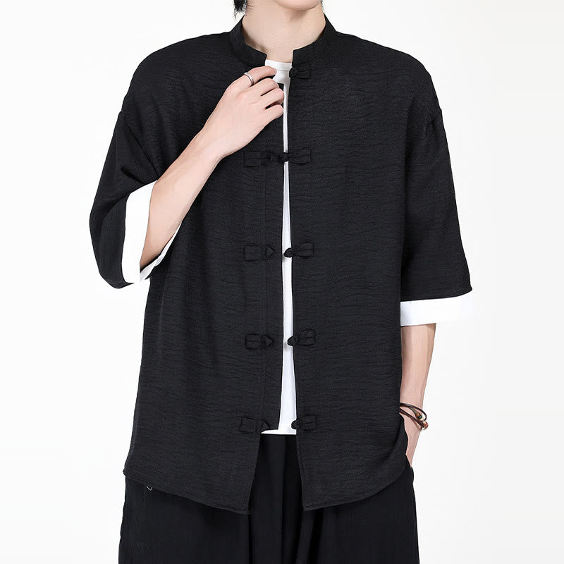 Buddha Stones Plain Tang Suit Frog-Button Design Men's Half Sleeve Shirt
