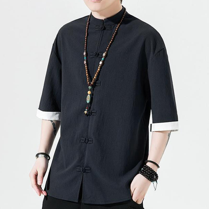 Buddha Stones Plain Tang Suit Frog-Button Design Men's Half Sleeve Shirt