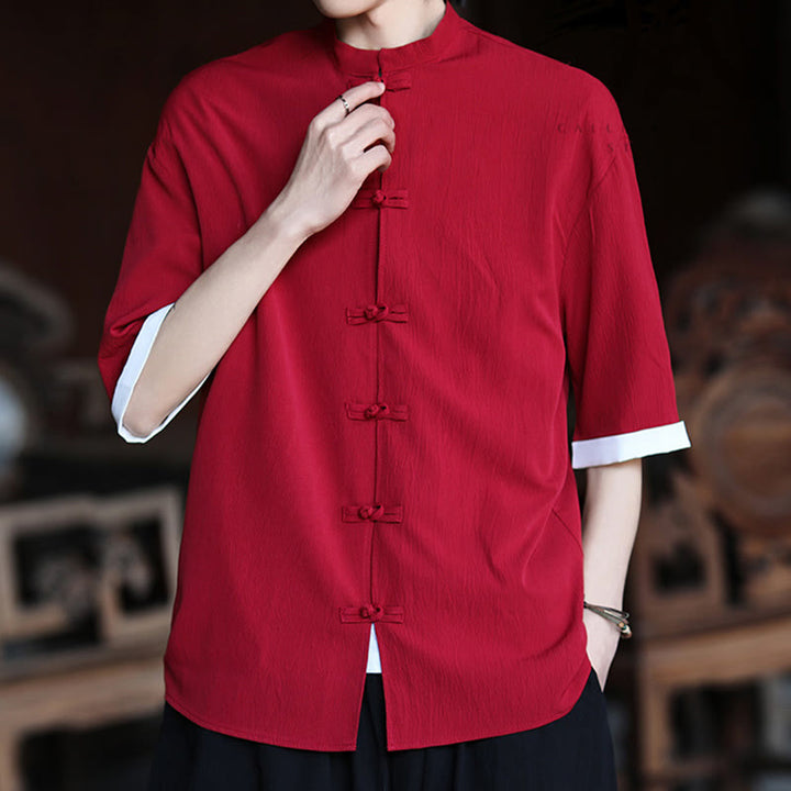 Buddha Stones Plain Tang Suit Frog-Button Design Men's Half Sleeve Shirt