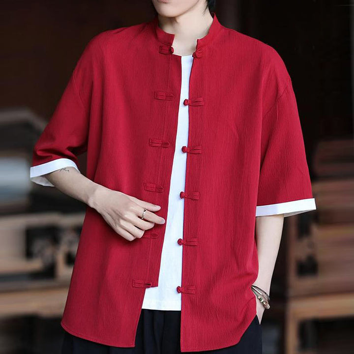 Buddha Stones Plain Tang Suit Frog-Button Design Men's Half Sleeve Shirt