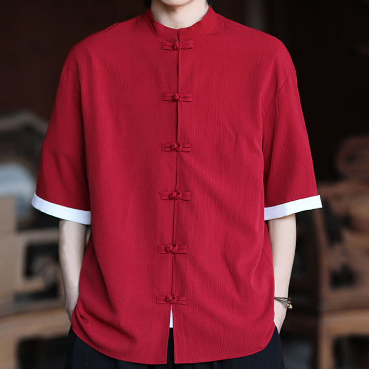 Buddha Stones Plain Tang Suit Frog-Button Design Men's Half Sleeve Shirt