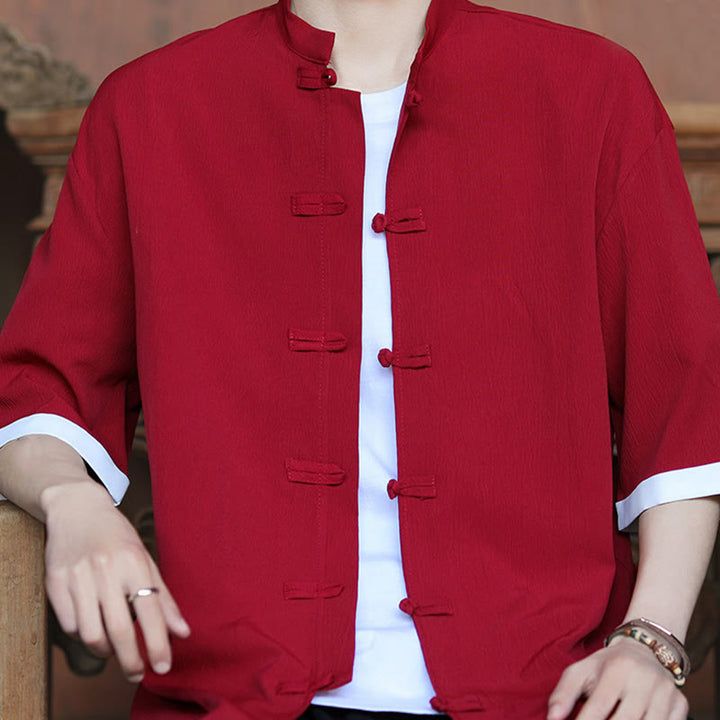 Buddha Stones Plain Tang Suit Frog-Button Design Men's Half Sleeve Shirt