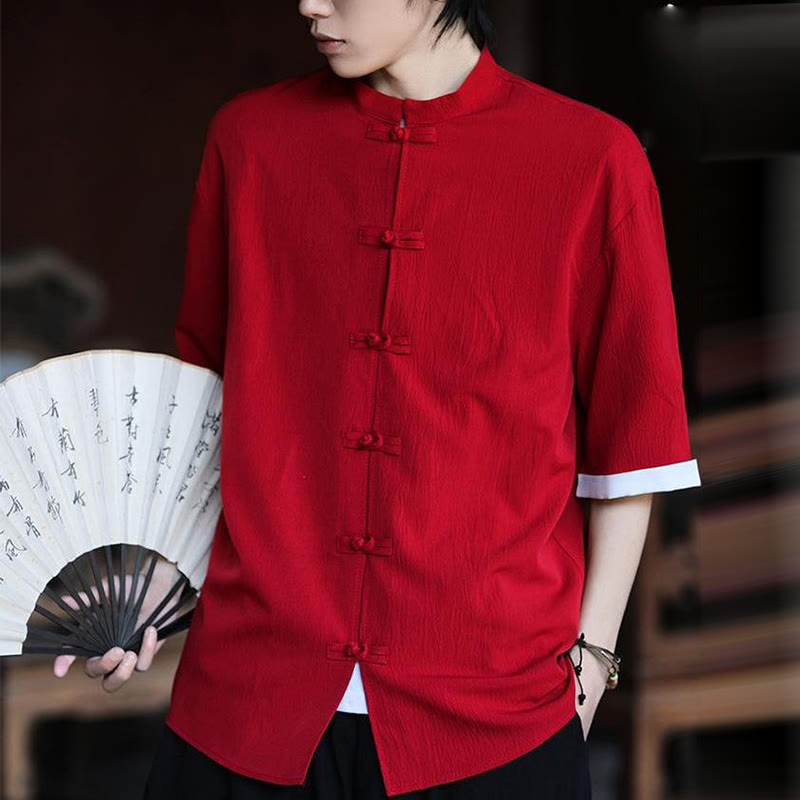 Buddha Stones Plain Tang Suit Frog-Button Design Men's Half Sleeve Shirt