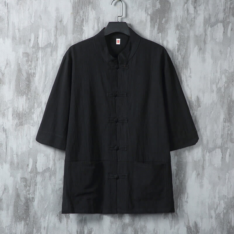 Buddha Stones Solid Color Tang Suit Frog-Button Design Men's Half Sleeve Linen Shirt With Pockets