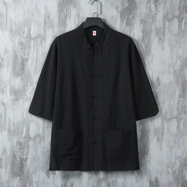 Buddha Stones Solid Color Tang Suit Frog-Button Design Men's Half Sleeve Linen Shirt With Pockets