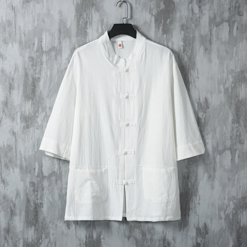 Buddha Stones Solid Color Tang Suit Frog-Button Design Men's Half Sleeve Linen Shirt With Pockets
