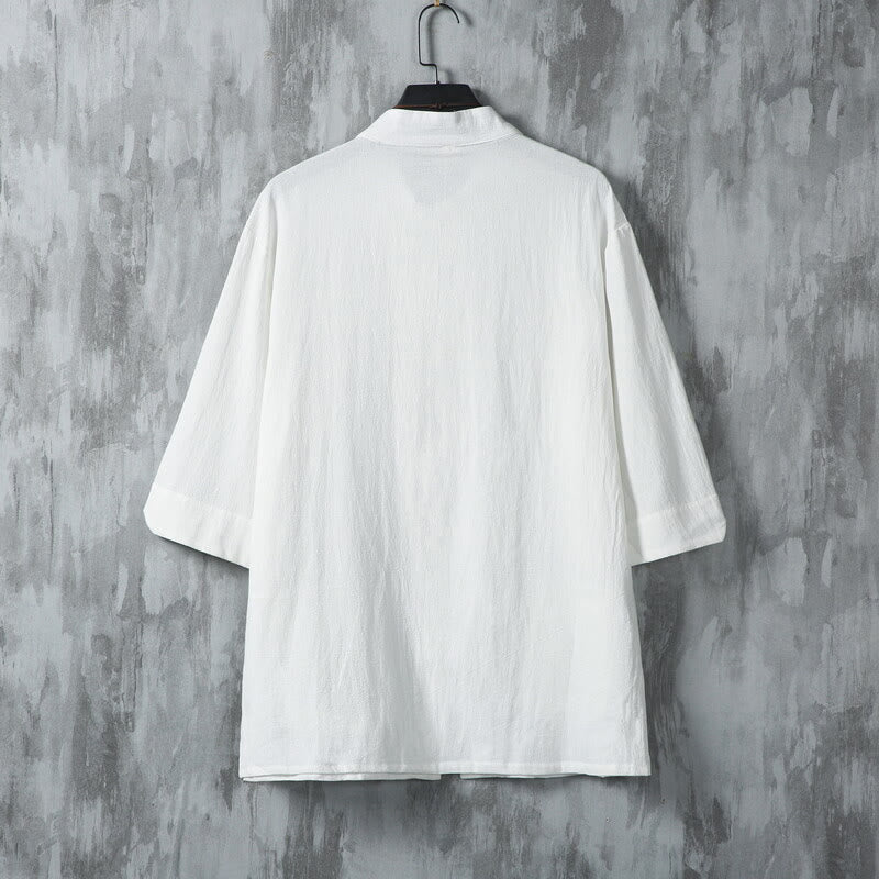 Buddha Stones Solid Color Tang Suit Frog-Button Design Men's Half Sleeve Linen Shirt With Pockets