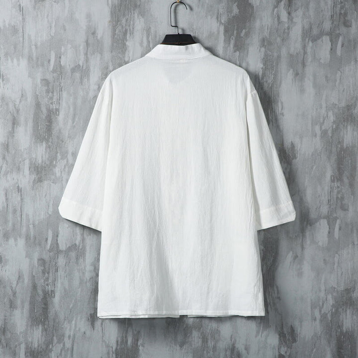 Buddha Stones Solid Color Tang Suit Frog-Button Design Men's Half Sleeve Linen Shirt With Pockets