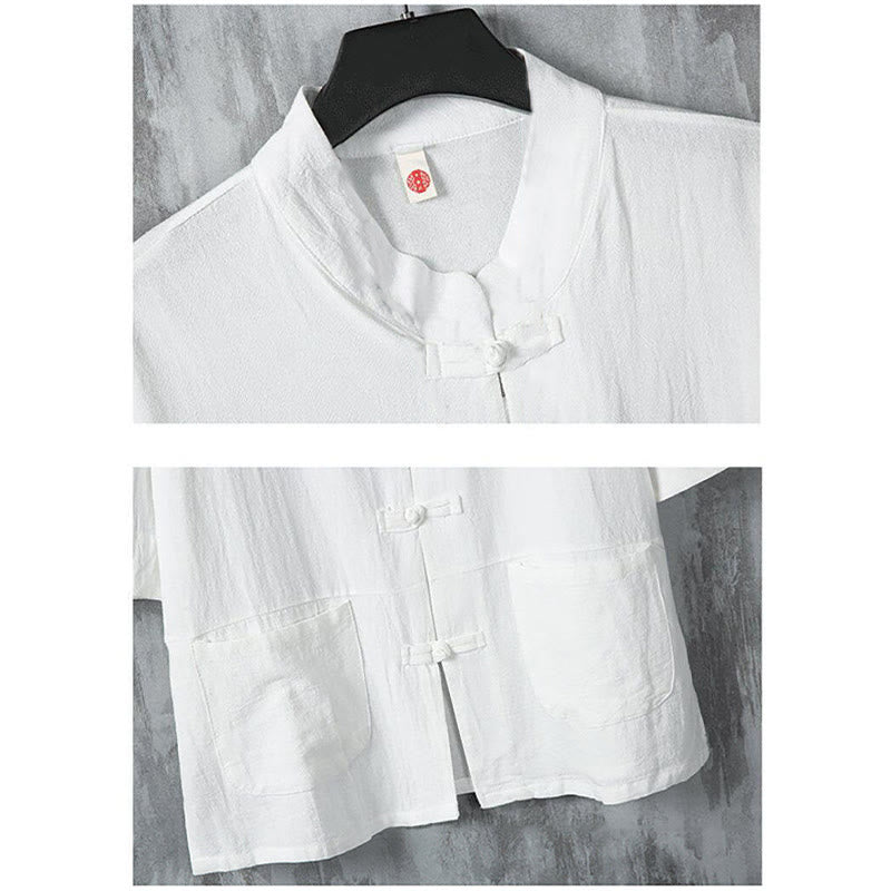 Buddha Stones Solid Color Tang Suit Frog-Button Design Men's Half Sleeve Linen Shirt With Pockets