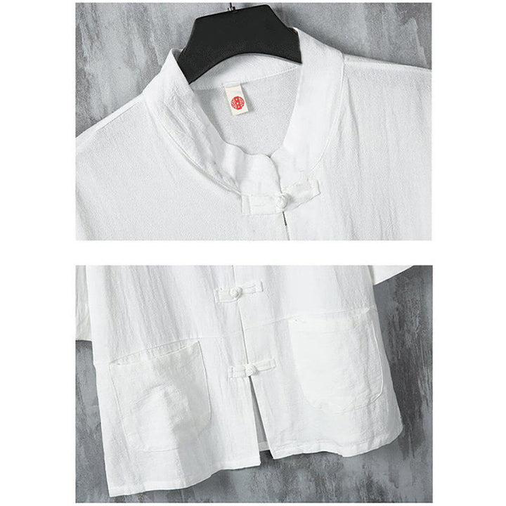 Buddha Stones Solid Color Tang Suit Frog-Button Design Men's Half Sleeve Linen Shirt With Pockets