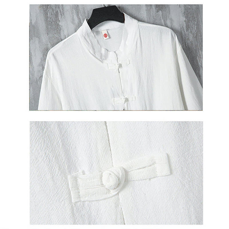 Buddha Stones Solid Color Tang Suit Frog-Button Design Men's Half Sleeve Linen Shirt With Pockets