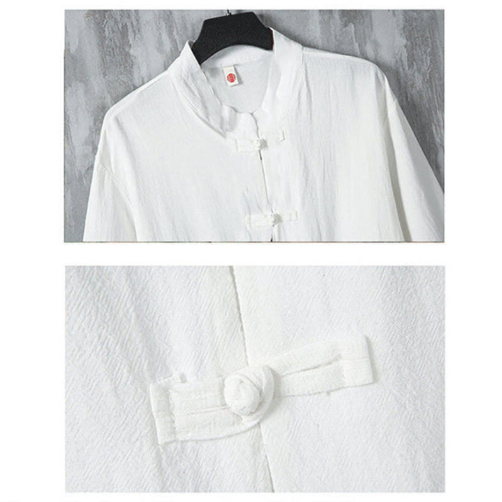 Buddha Stones Solid Color Tang Suit Frog-Button Design Men's Half Sleeve Linen Shirt With Pockets