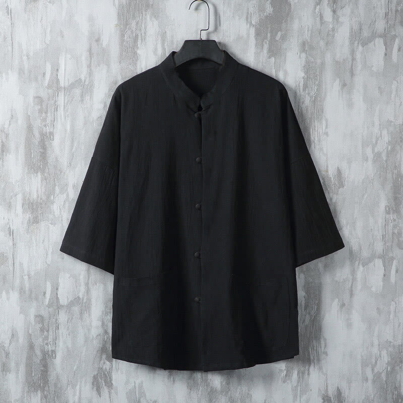 Buddha Stones Summer Solid Color Tang Suit Design Men's Half Sleeve Linen Shirt With Pockets