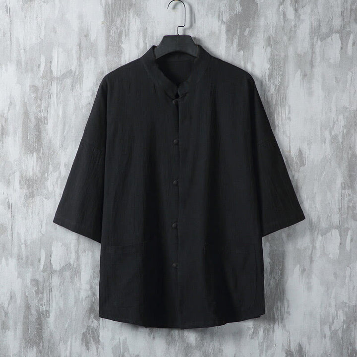 Buddha Stones Summer Solid Color Tang Suit Design Men's Half Sleeve Linen Shirt With Pockets