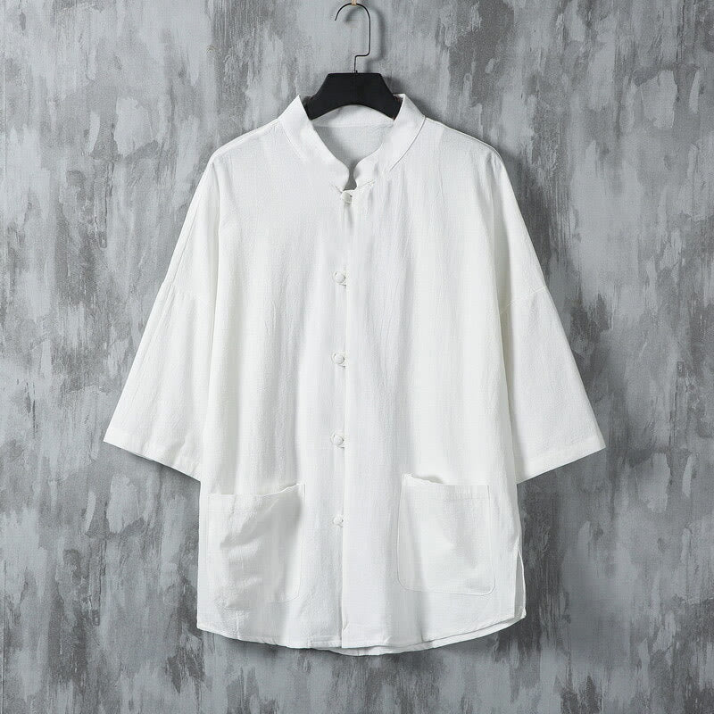 Buddha Stones Summer Solid Color Tang Suit Design Men's Half Sleeve Linen Shirt With Pockets