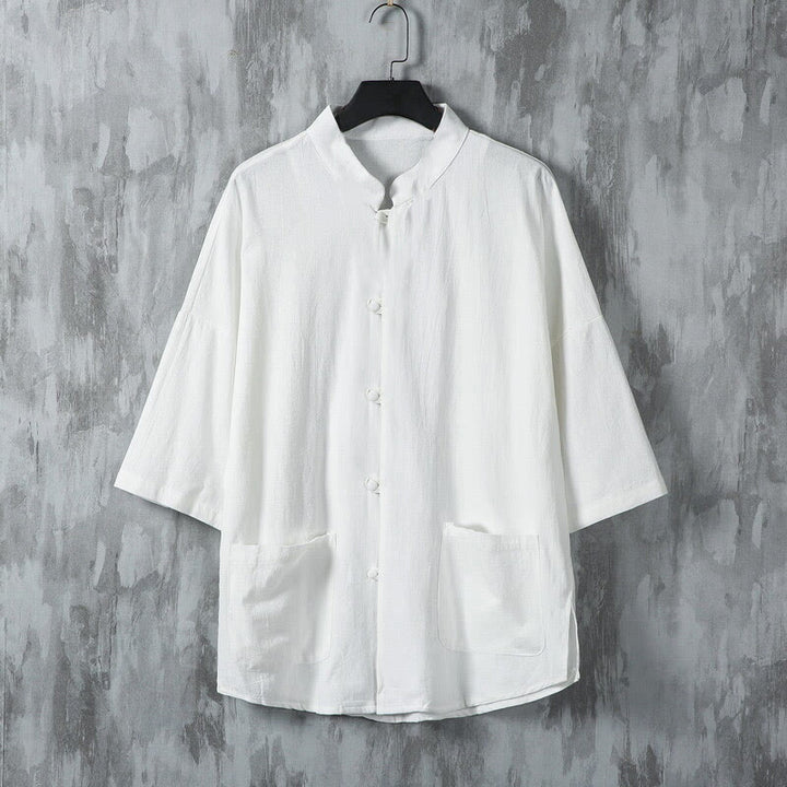 Buddha Stones Summer Solid Color Tang Suit Design Men's Half Sleeve Linen Shirt With Pockets