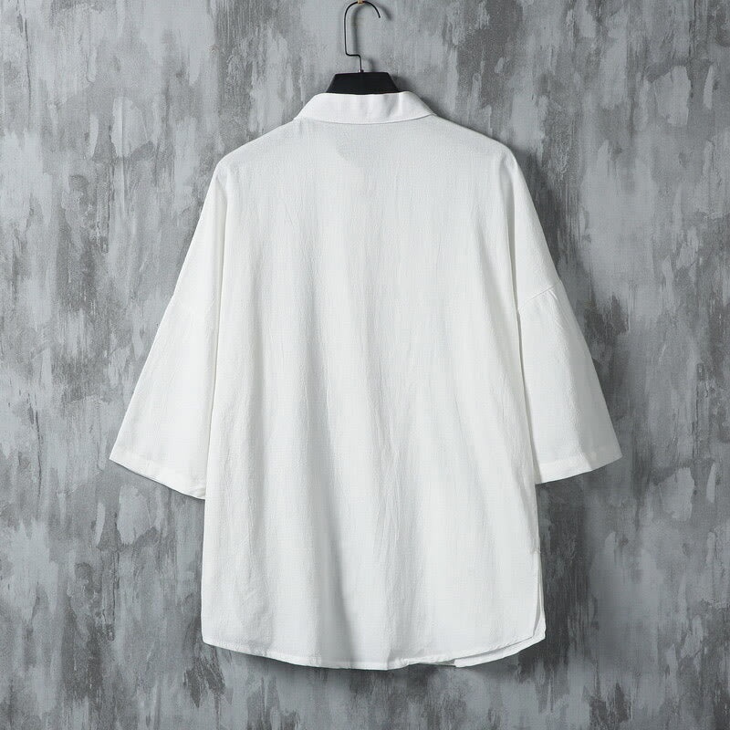 Buddha Stones Summer Solid Color Tang Suit Design Men's Half Sleeve Linen Shirt With Pockets