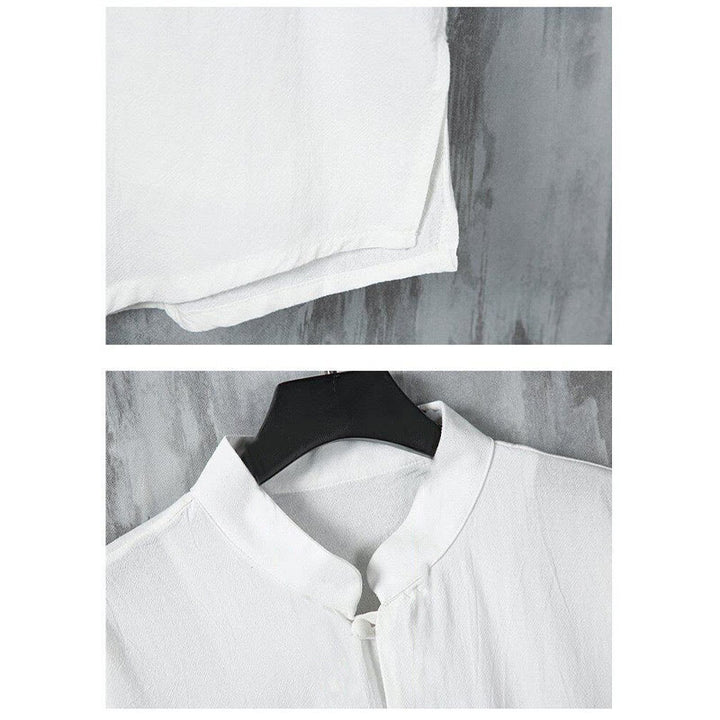 Buddha Stones Summer Solid Color Tang Suit Design Men's Half Sleeve Linen Shirt With Pockets