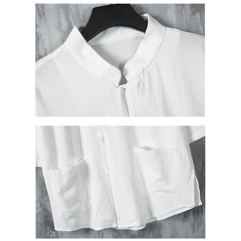 Buddha Stones Summer Solid Color Tang Suit Design Men's Half Sleeve Linen Shirt With Pockets