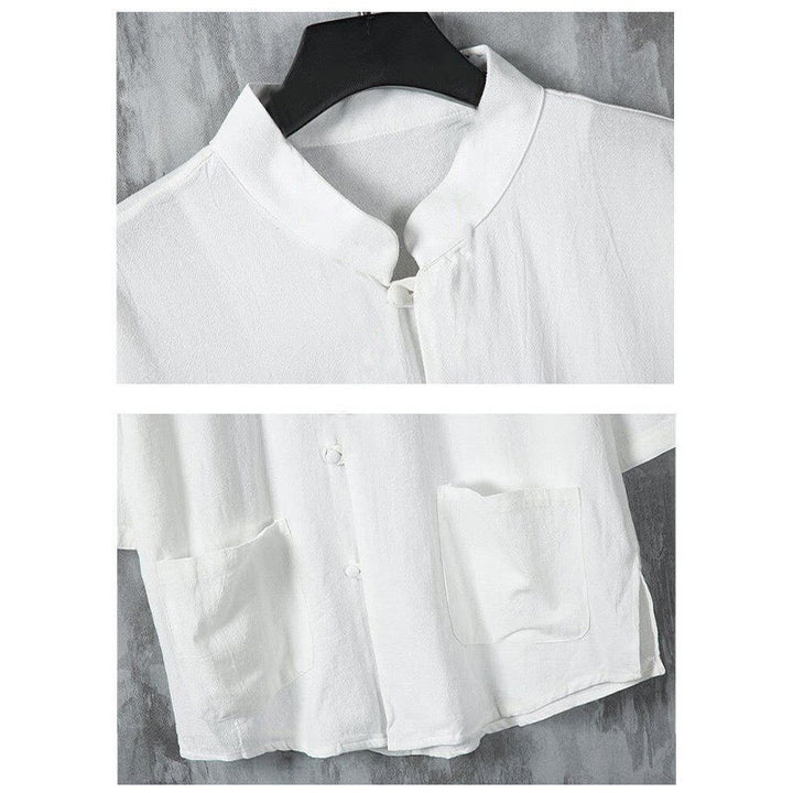 Buddha Stones Summer Solid Color Tang Suit Design Men's Half Sleeve Linen Shirt With Pockets