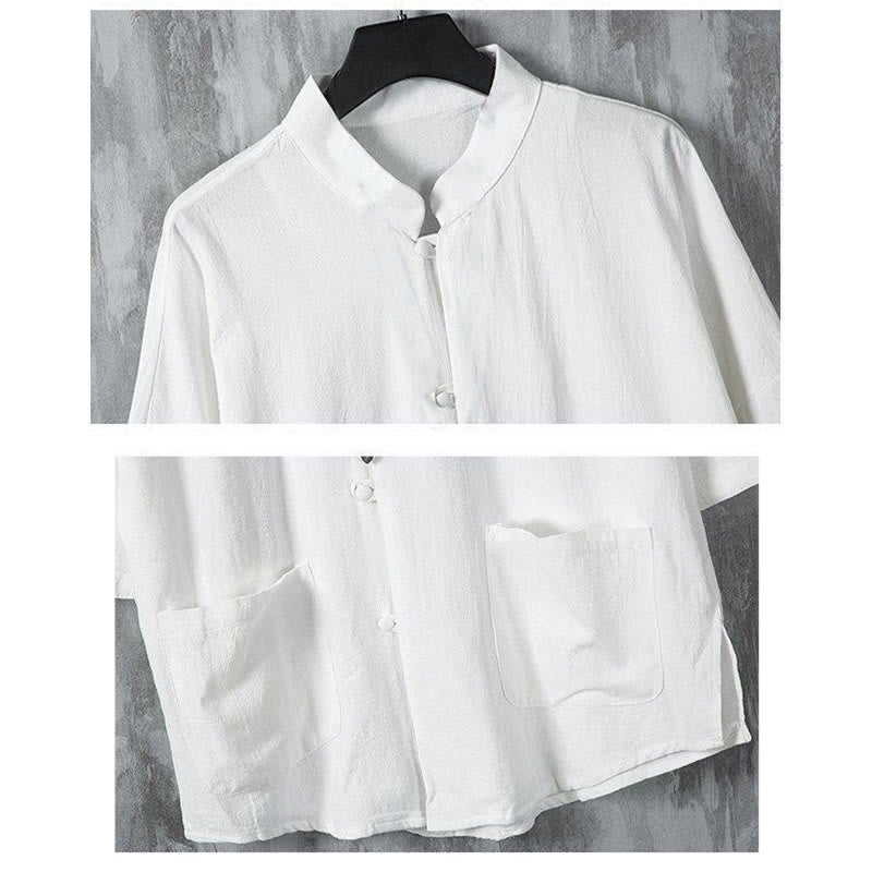 Buddha Stones Summer Solid Color Tang Suit Design Men's Half Sleeve Linen Shirt With Pockets