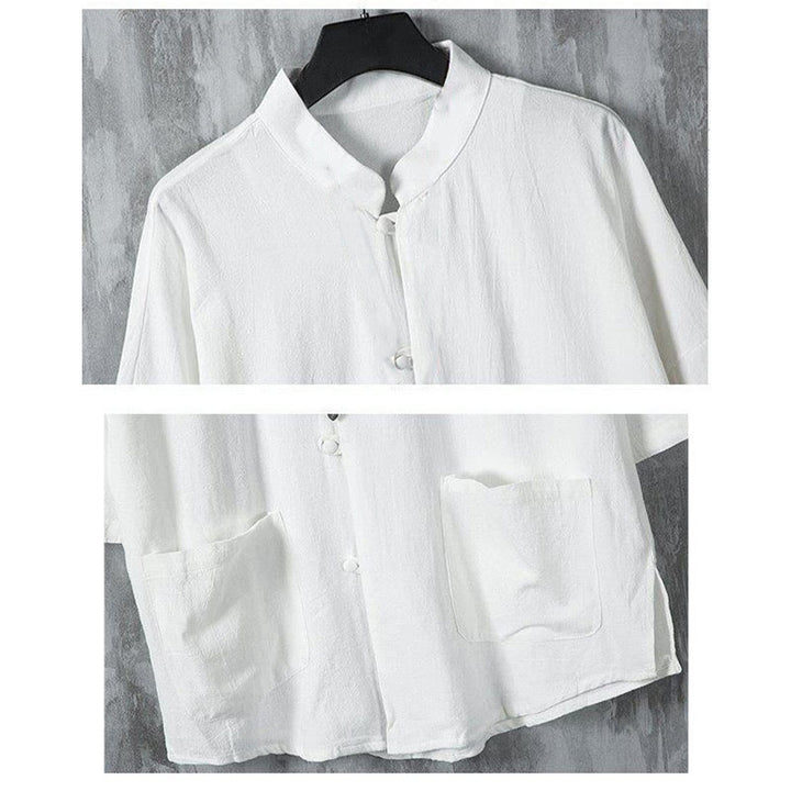 Buddha Stones Summer Solid Color Tang Suit Design Men's Half Sleeve Linen Shirt With Pockets