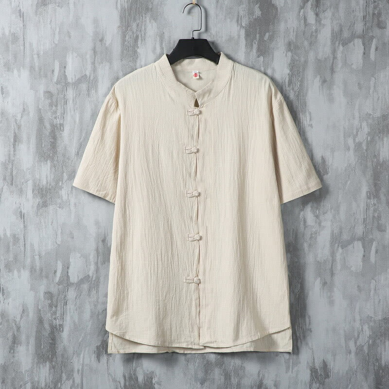 Buddha Stones Summer Plain Tang Suit Frog-Button Design Men's Short Sleeve Cotton Shirt - Linen - US/UK/AU46,EU56 (5XL) - image 0