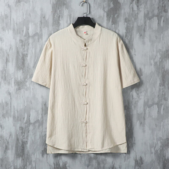 Buddha Stones Summer Plain Tang Suit Frog-Button Design Men's Short Sleeve Cotton Shirt - Linen - US/UK/AU46,EU56 (5XL) - image 0
