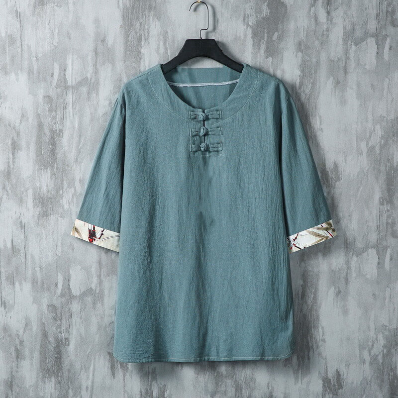 Buddha Stones Summer Frog-Button Yellow Bamboo Leaves Half Sleeve Men's Linen Shirt