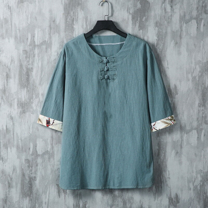 Buddha Stones Summer Frog-Button Yellow Bamboo Leaves Half Sleeve Men's Linen Shirt