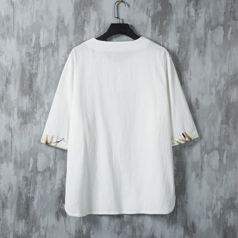 Buddha Stones Summer Frog-Button Yellow Bamboo Leaves Half Sleeve Men's Linen Shirt