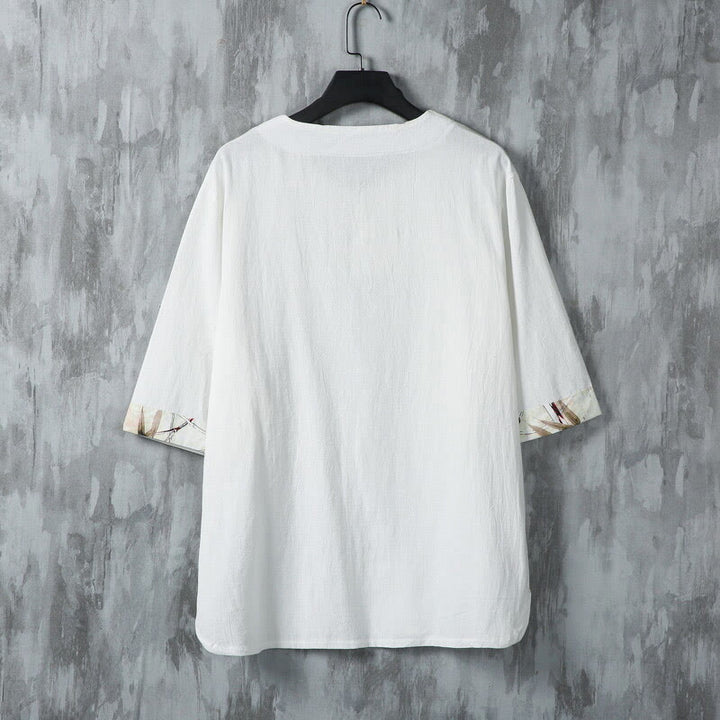 Buddha Stones Summer Frog-Button Yellow Bamboo Leaves Half Sleeve Men's Linen Shirt