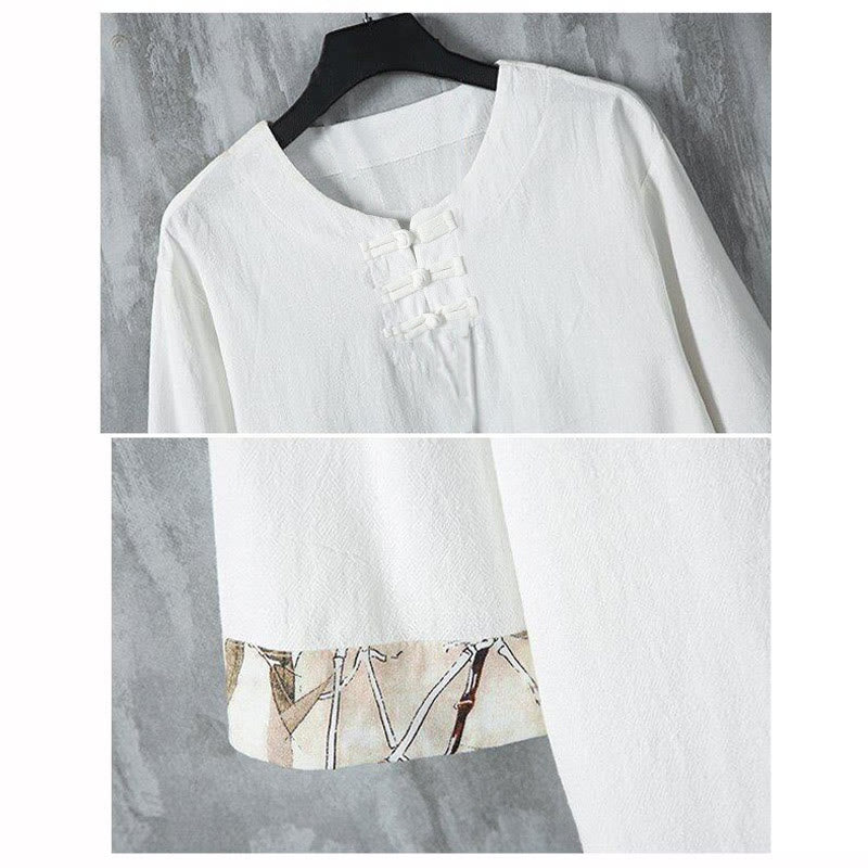 Buddha Stones Summer Frog-Button Yellow Bamboo Leaves Half Sleeve Men's Linen Shirt