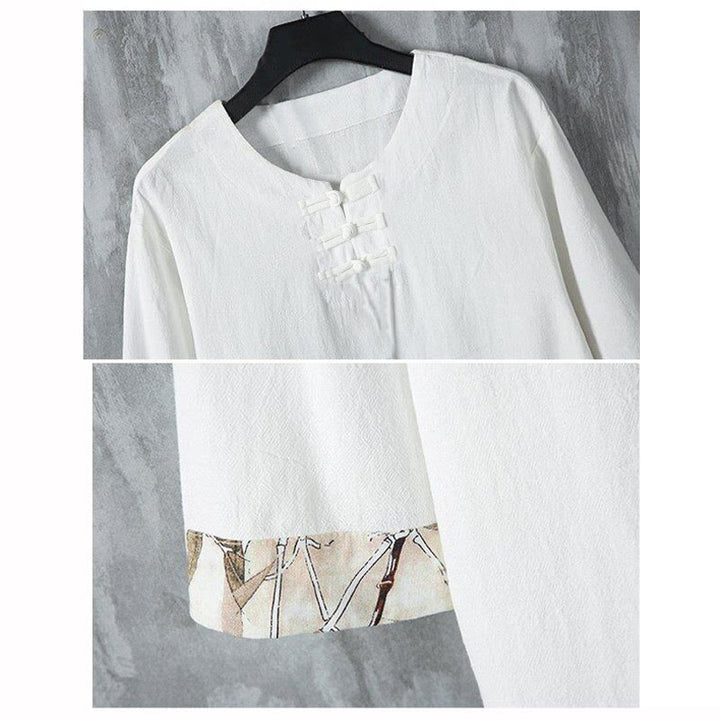 Buddha Stones Summer Frog-Button Yellow Bamboo Leaves Half Sleeve Men's Linen Shirt