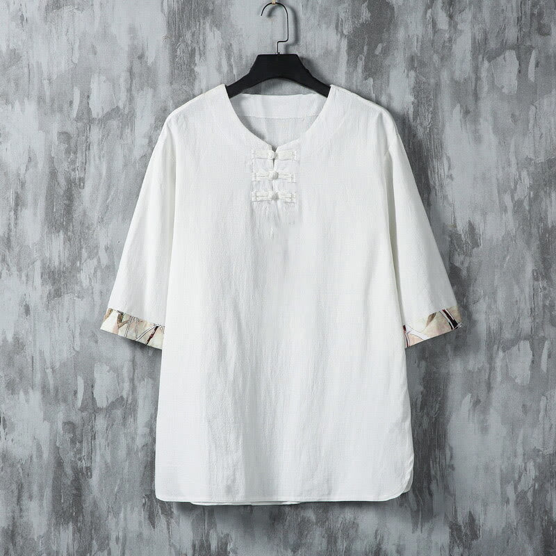 Buddha Stones Summer Frog-Button Yellow Bamboo Leaves Half Sleeve Men's Linen Shirt