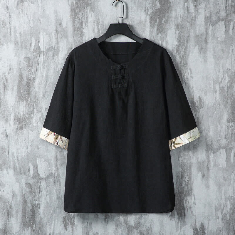 Buddha Stones Summer Frog-Button Yellow Bamboo Leaves Half Sleeve Men's Linen Shirt