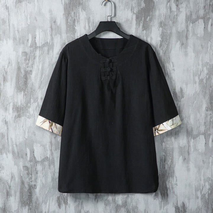 Buddha Stones Summer Frog-Button Yellow Bamboo Leaves Half Sleeve Men's Linen Shirt