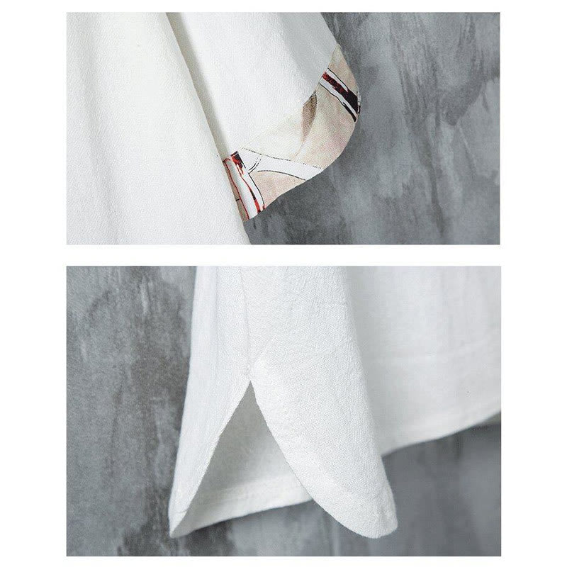 Buddha Stones Summer Frog-Button Yellow Bamboo Leaves Half Sleeve Men's Linen Shirt