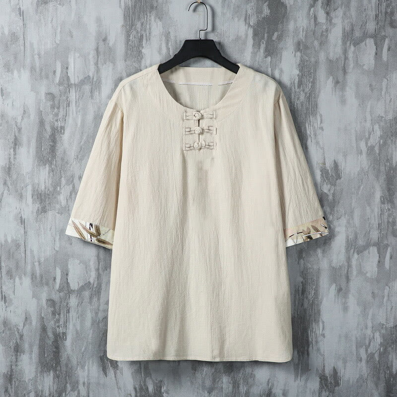 Buddha Stones Summer Frog-Button Yellow Bamboo Leaves Half Sleeve Men's Linen Shirt