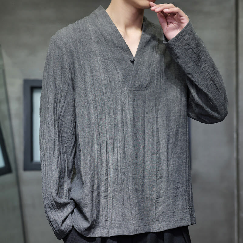 Buddha Stones Plain V-Neck Long Sleeve Men's Linen Shirt - image 1
