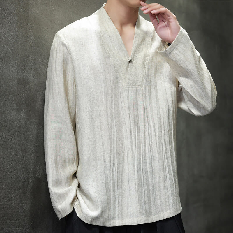 Buddha Stones Plain V-Neck Long Sleeve Men's Linen Shirt - image 10