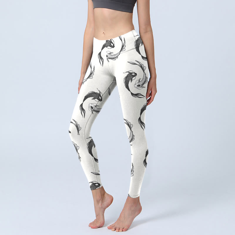 Buddha Stones YinYang Koi Fish Pattern Print Gym Leggings Women's Yoga Pants - White - US18,UK/AU22,EU50 (4XL) - image 1