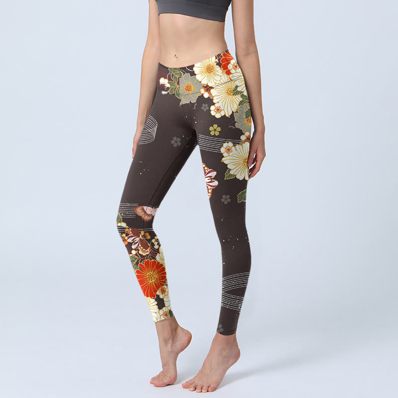 Buddha Stones Floral Butterfly Pattern Print Gym Leggings Women's Yoga Pants - SaddleBrown - US18,UK/AU22,EU50 (4XL) - image 1