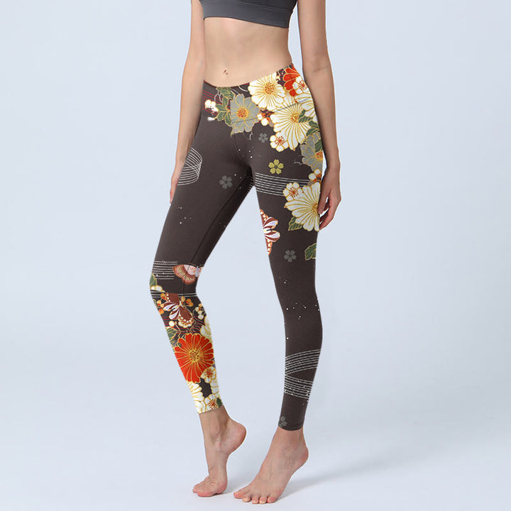 Buddha Stones Floral Butterfly Pattern Print Gym Leggings Women's Yoga Pants - SaddleBrown - US18,UK/AU22,EU50 (4XL) - image 1