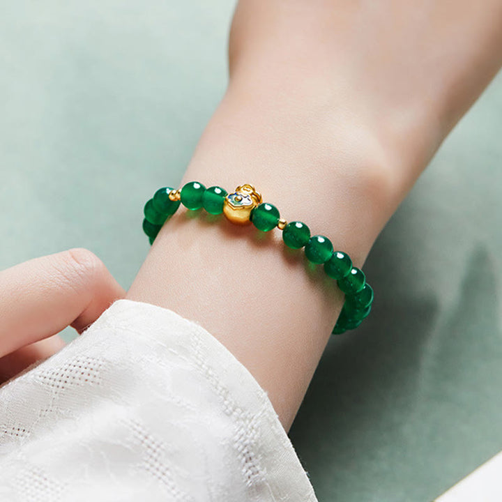 Buddha Stones 999 Sterling Silver Lucky Bag Green Chalcedony Calm Bracelet
