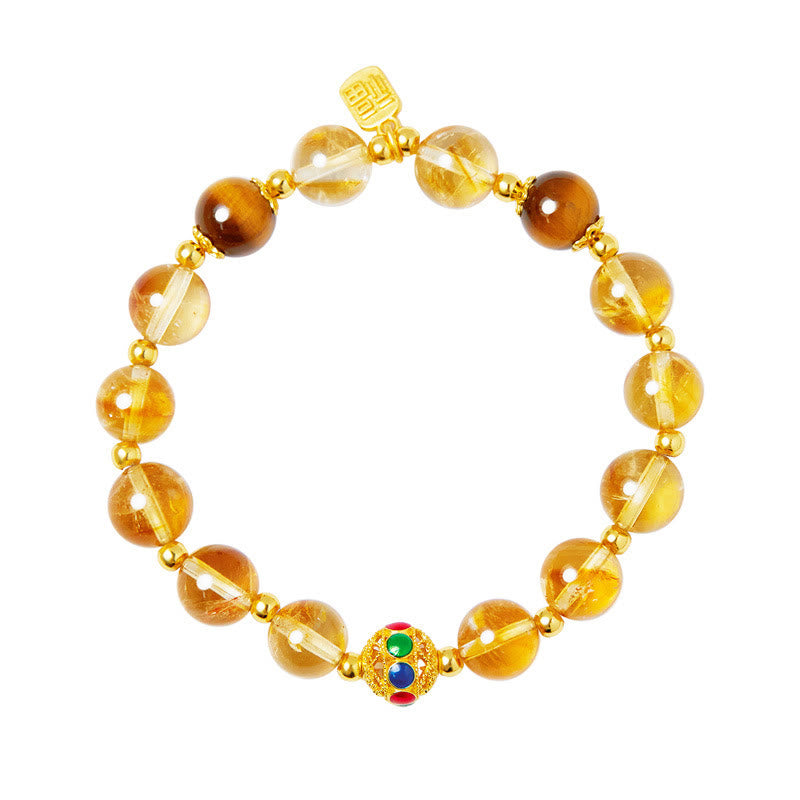 Buddha Stones 925 Sterling Silver Fu Character Citrine Tiger Eye Protection Bracelet