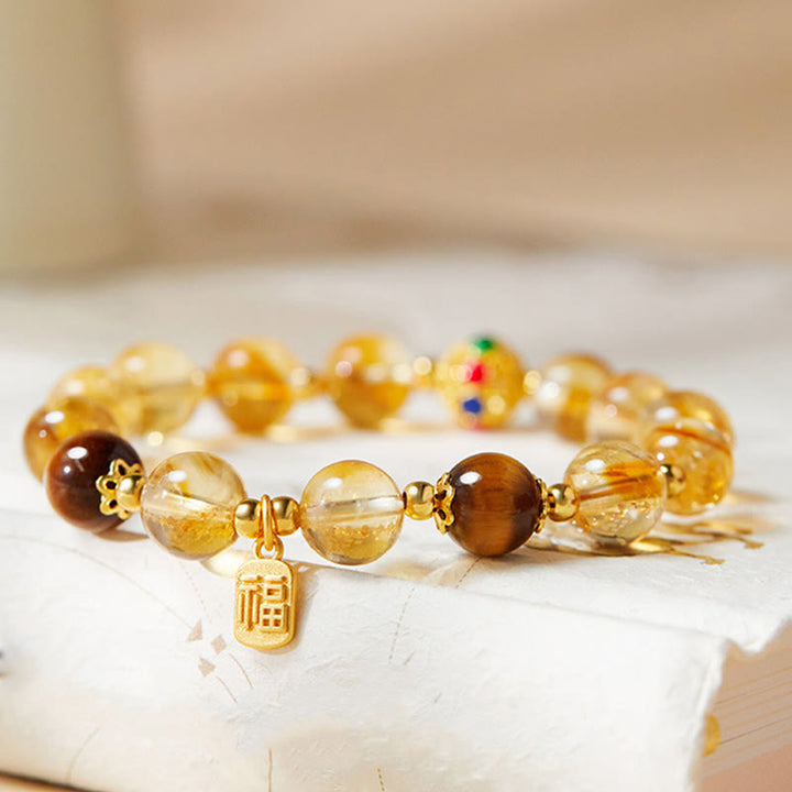 Buddha Stones 925 Sterling Silver Fu Character Citrine Tiger Eye Protection Bracelet