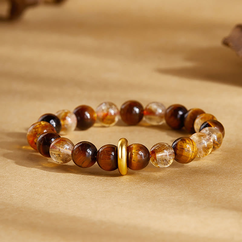 Buddha Stones 999 Sterling Silver Natural Citrine Tiger Eye Peace Buckle Protection Bracelet