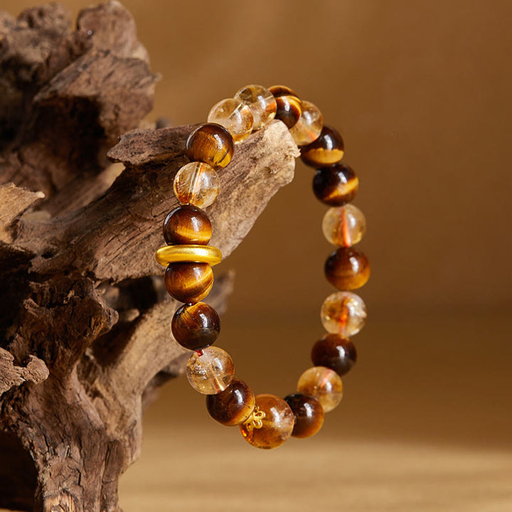 Buddha Stones 999 Sterling Silver Natural Citrine Tiger Eye Peace Buckle Protection Bracelet