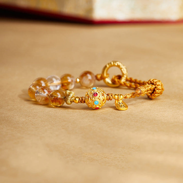 Buddha Stones 925 Sterling Silver Natural Citrine White Crystal Peace Buckle Meaning Fu Character Protection Braided String Bracelet